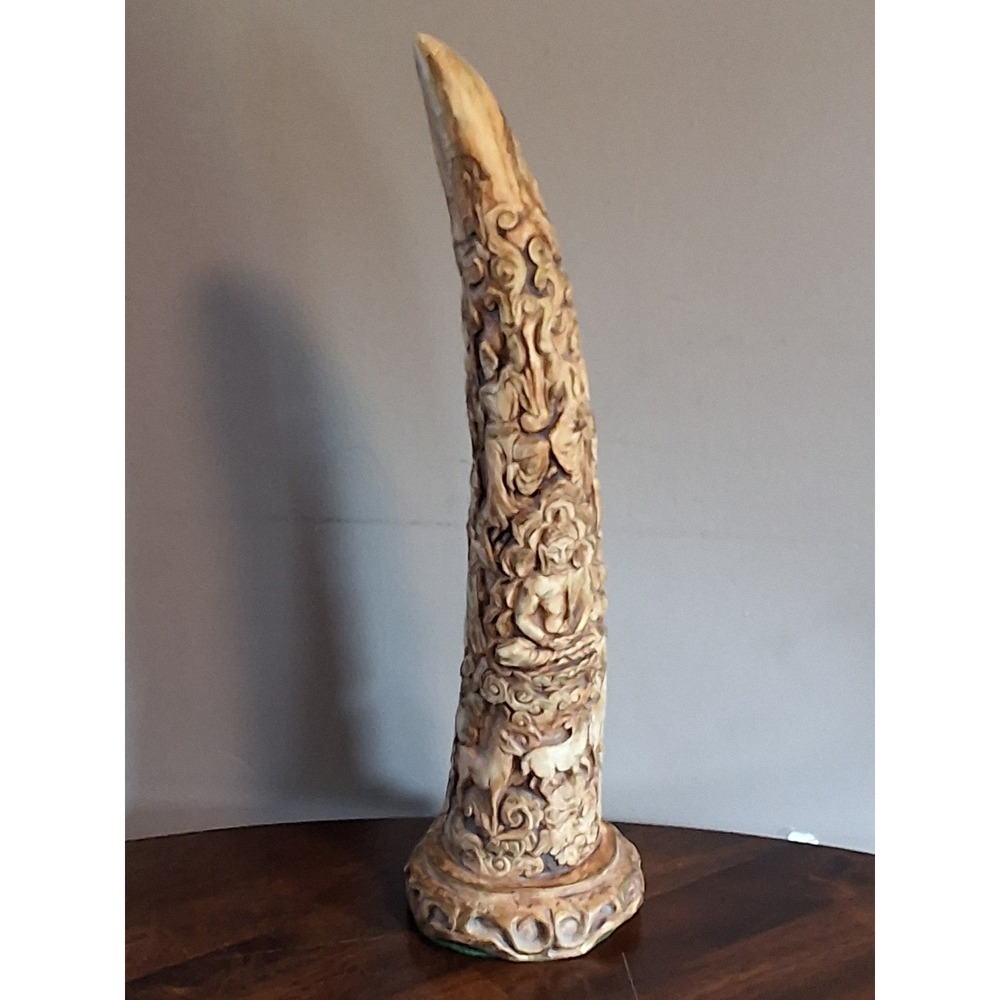 Vintage Faux Ivory Carved Tusk Chinese Dragon Deity Resin Sculpture Statue 17in